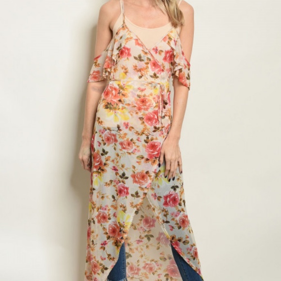 SALE ♡Floral Cold Shoulders Maxi Duster Dress cover up sheer boho fairy flowers - Picture 3 of 7